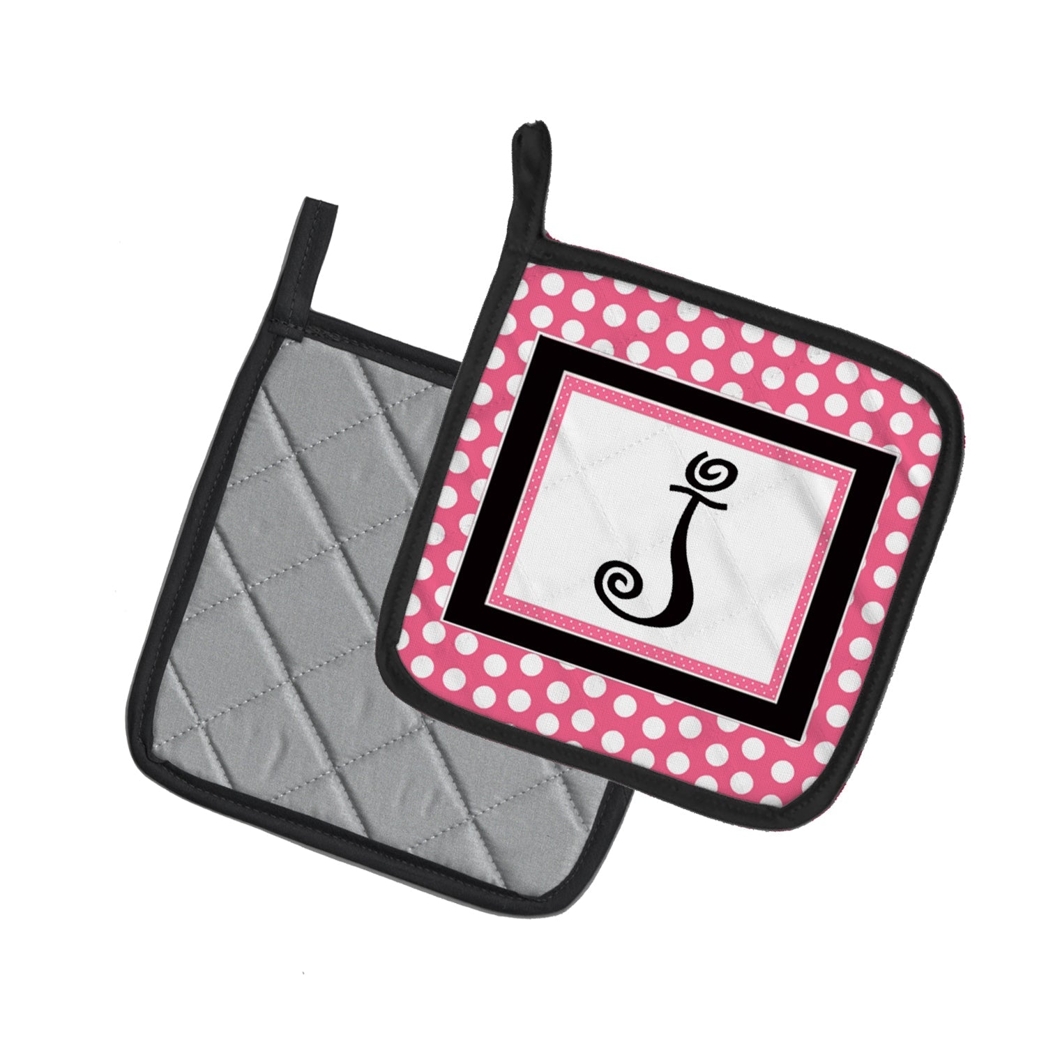 Letter J Monogram - Pink Black Polka Dots Pot Holder Set of 2 Heat Resistant Quilted Hot Pads 7.5 x 7.5 Inch, Insulated Kitchen Trivets for Cooking & Baking
