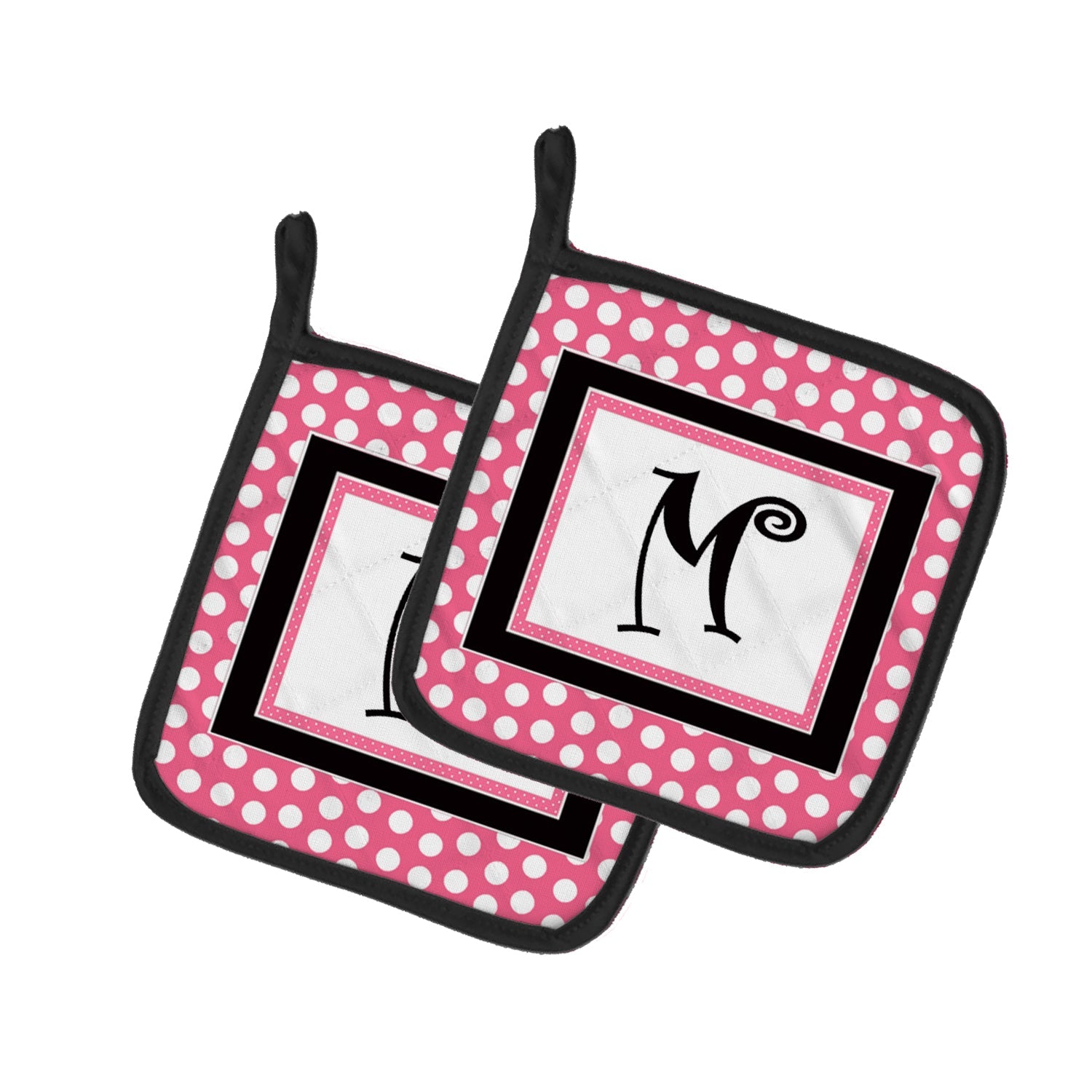 Letter M Monogram - Pink Black Polka Dots Pot Holder Set of 2 Heat Resistant Quilted Hot Pads 7.5 x 7.5 Inch, Insulated Kitchen Trivets for Cooking & Baking