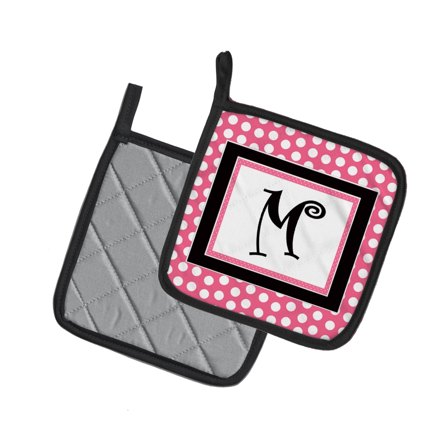 Letter M Monogram - Pink Black Polka Dots Pot Holder Set of 2 Heat Resistant Quilted Hot Pads 7.5 x 7.5 Inch, Insulated Kitchen Trivets for Cooking & Baking