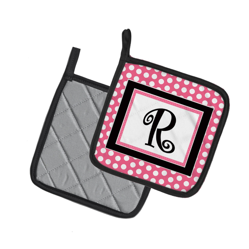 Letter R Monogram - Pink Black Polka Dots Pot Holder Set of 2 Heat Resistant Quilted Hot Pads 7.5 x 7.5 Inch, Insulated Kitchen Trivets for Cooking & Baking
