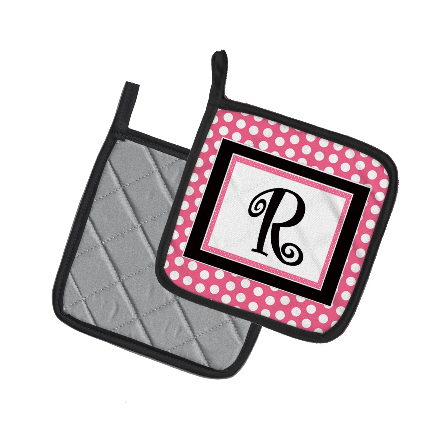 Letter R Monogram - Pink Black Polka Dots Pot Holder Set of 2 Heat Resistant Quilted Hot Pads 7.5 x 7.5 Inch, Insulated Kitchen Trivets for Cooking & Baking