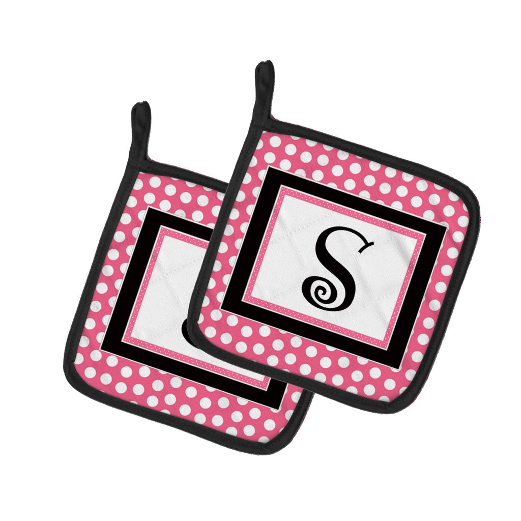 Letter S Monogram - Pink Black Polka Dots Pot Holder Set of 2 Heat Resistant Quilted Hot Pads 7.5 x 7.5 Inch, Insulated Kitchen Trivets for Cooking & Baking