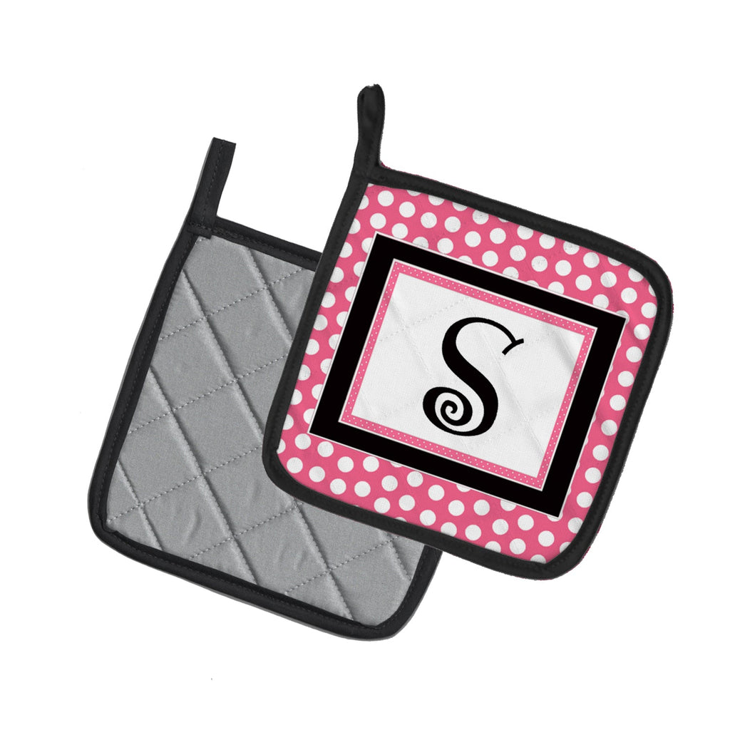 Letter S Monogram - Pink Black Polka Dots Pot Holder Set of 2 Heat Resistant Quilted Hot Pads 7.5 x 7.5 Inch, Insulated Kitchen Trivets for Cooking & Baking