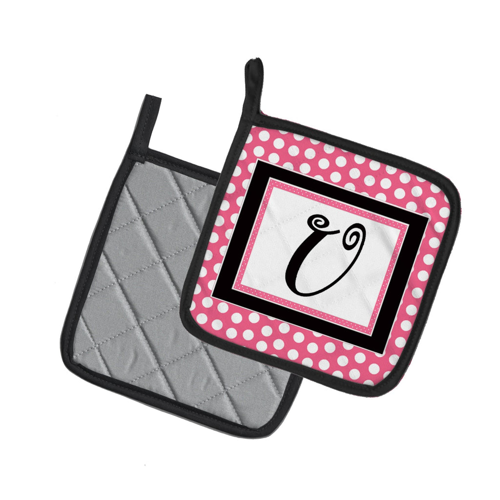 Letter U Monogram - Pink Black Polka Dots Pot Holder Set of 2 Heat Resistant Quilted Hot Pads 7.5 x 7.5 Inch, Insulated Kitchen Trivets for Cooking & Baking