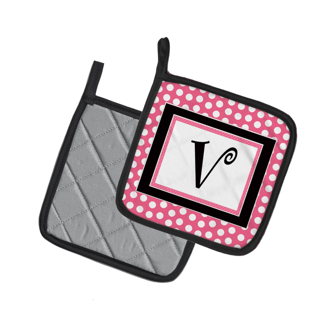 Letter V Monogram - Pink Black Polka Dots Pot Holder Set of 2 Heat Resistant Quilted Hot Pads 7.5 x 7.5 Inch, Insulated Kitchen Trivets for Cooking & Baking