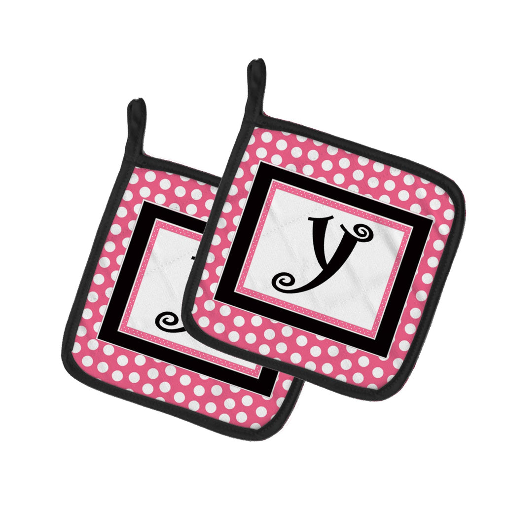 Letter Y Monogram - Pink Black Polka Dots Pot Holder Set of 2 Heat Resistant Quilted Hot Pads 7.5 x 7.5 Inch, Insulated Kitchen Trivets for Cooking & Baking
