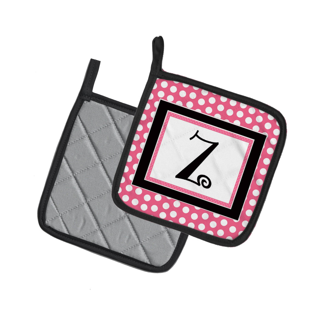 Letter Z Monogram - Pink Black Polka Dots Pot Holder Set of 2 Heat Resistant Quilted Hot Pads 7.5 x 7.5 Inch, Insulated Kitchen Trivets for Cooking & Baking
