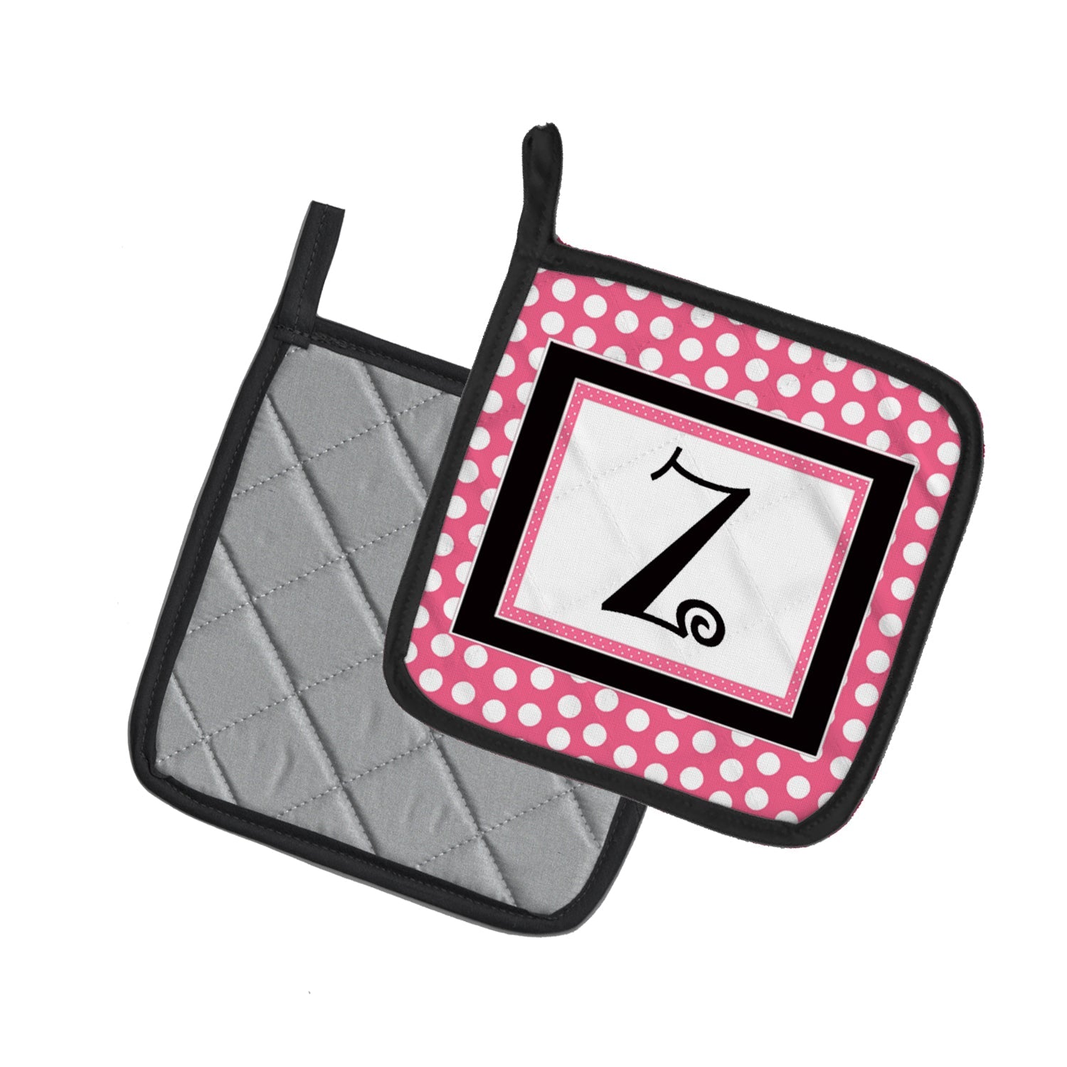 Letter Z Monogram - Pink Black Polka Dots Pot Holder Set of 2 Heat Resistant Quilted Hot Pads 7.5 x 7.5 Inch, Insulated Kitchen Trivets for Cooking & Baking