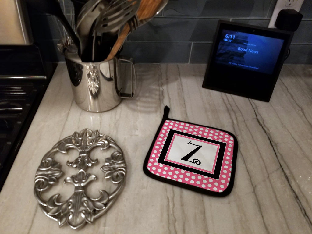 Letter Z Monogram - Pink Black Polka Dots Pot Holder Set of 2 Heat Resistant Quilted Hot Pads 7.5 x 7.5 Inch, Insulated Kitchen Trivets for Cooking & Baking