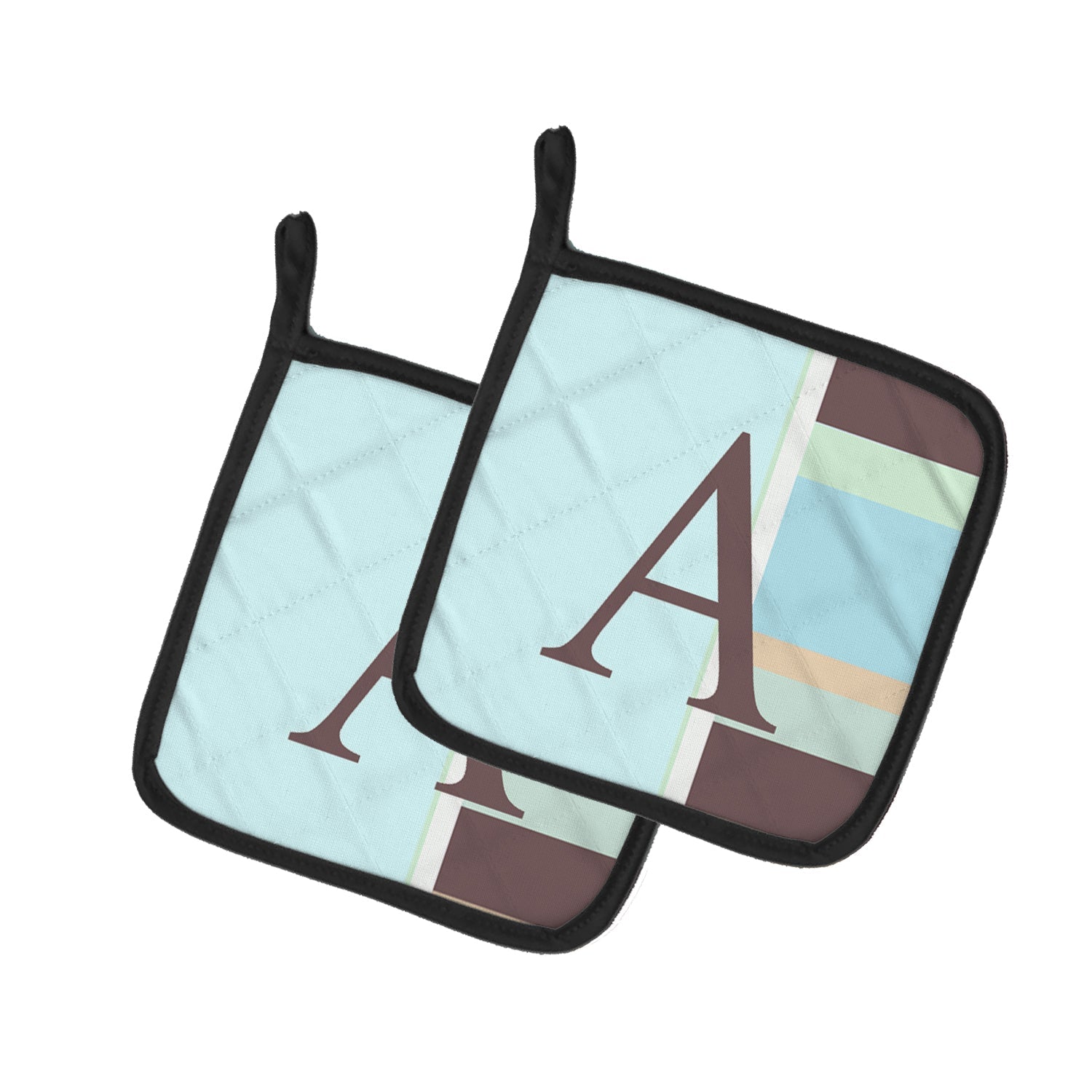 Letter A Monogram - Blue Stripes Pot Holder Set of 2 Heat Resistant Quilted Hot Pads 7.5 x 7.5 Inch, Insulated Kitchen Trivets for Cooking & Baking