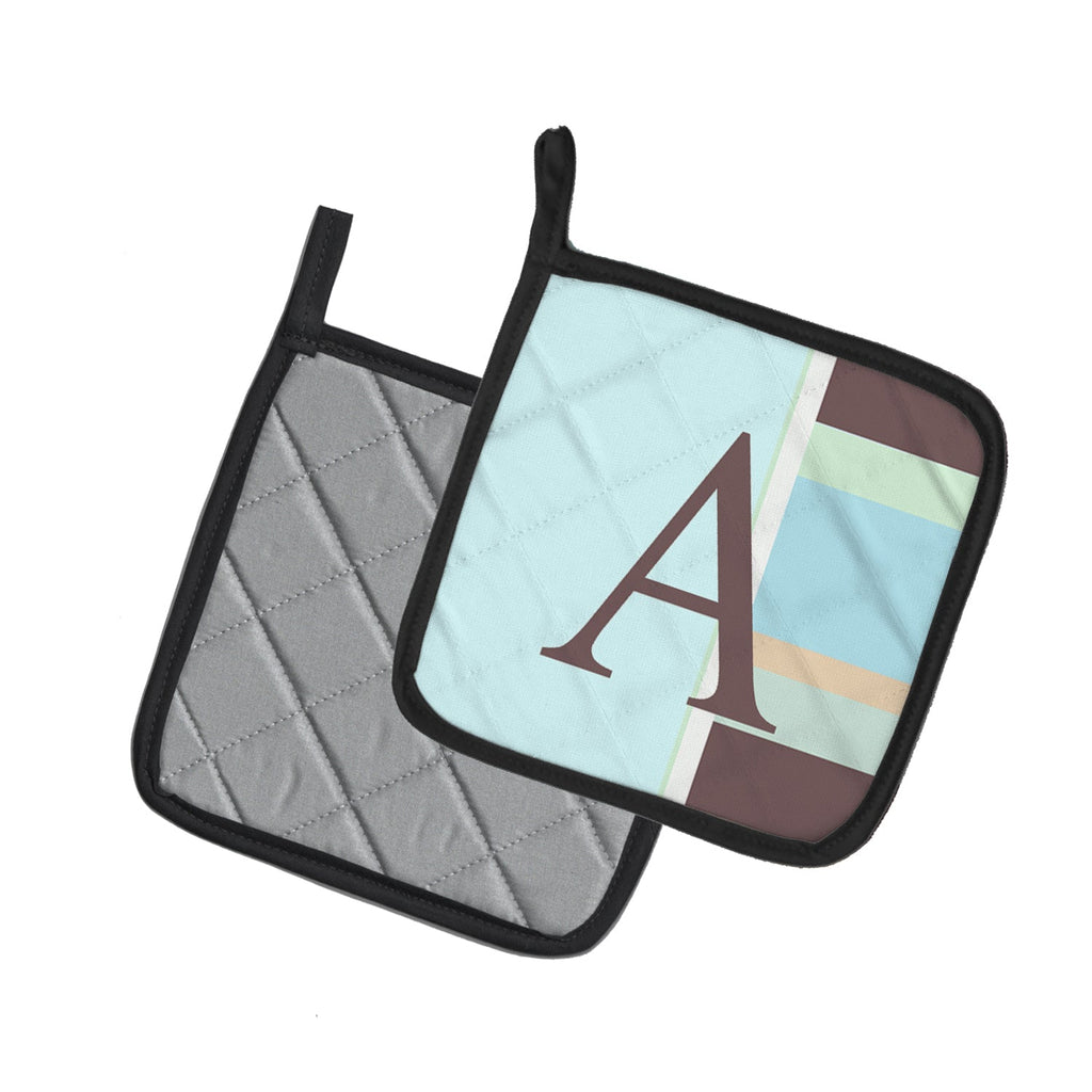 Letter A Monogram - Blue Stripes Pot Holder Set of 2 Heat Resistant Quilted Hot Pads 7.5 x 7.5 Inch, Insulated Kitchen Trivets for Cooking & Baking