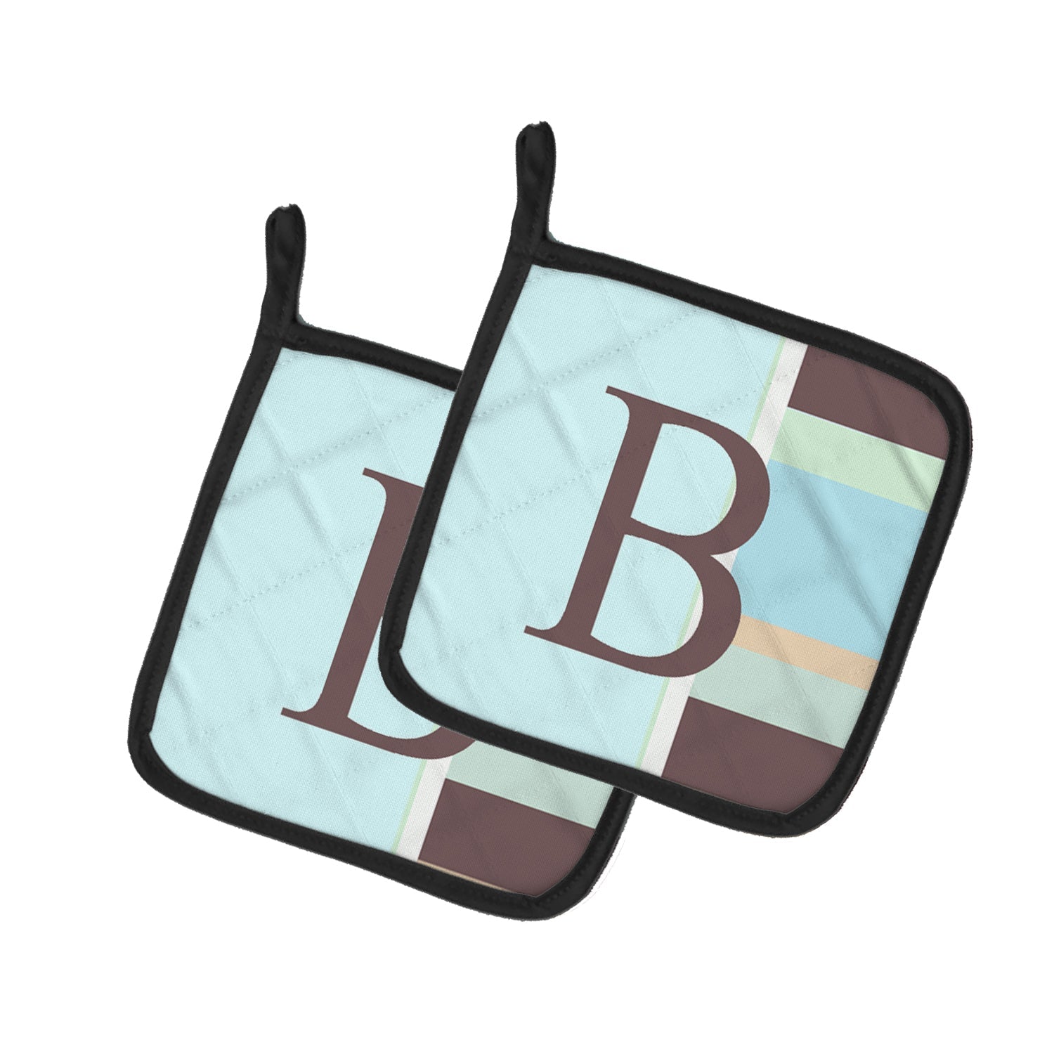 Letter B Initial Monogram - Blue Stripes Pot Holder Set of 2 Heat Resistant Quilted Hot Pads 7.5 x 7.5 Inch, Insulated Kitchen Trivets for Cooking & Baking