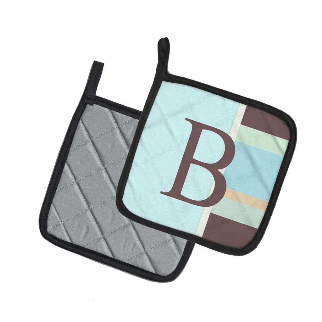 Letter B Initial Monogram - Blue Stripes Pot Holder Set of 2 Heat Resistant Quilted Hot Pads 7.5 x 7.5 Inch, Insulated Kitchen Trivets for Cooking & Baking