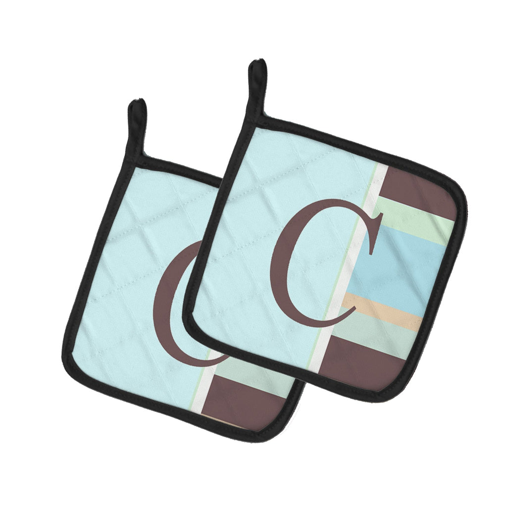 Letter C Initial Monogram - Blue Stripes Pot Holder Set of 2 Heat Resistant Quilted Hot Pads 7.5 x 7.5 Inch, Insulated Kitchen Trivets for Cooking & Baking