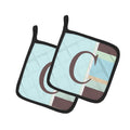 Letter C Initial Monogram - Blue Stripes Pot Holder Set of 2 Heat Resistant Quilted Hot Pads 7.5 x 7.5 Inch, Insulated Kitchen Trivets for Cooking & Baking