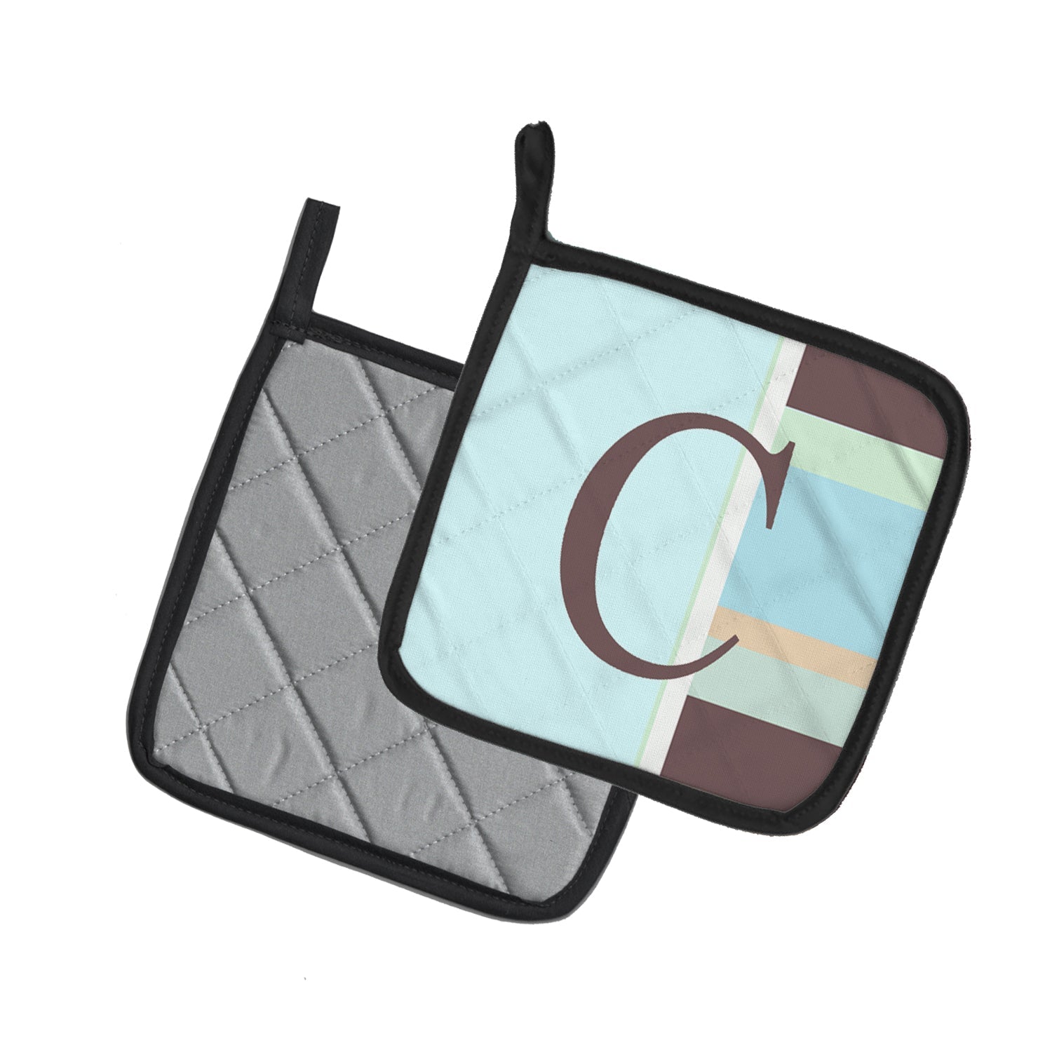 Letter C Initial Monogram - Blue Stripes Pot Holder Set of 2 Heat Resistant Quilted Hot Pads 7.5 x 7.5 Inch, Insulated Kitchen Trivets for Cooking & Baking