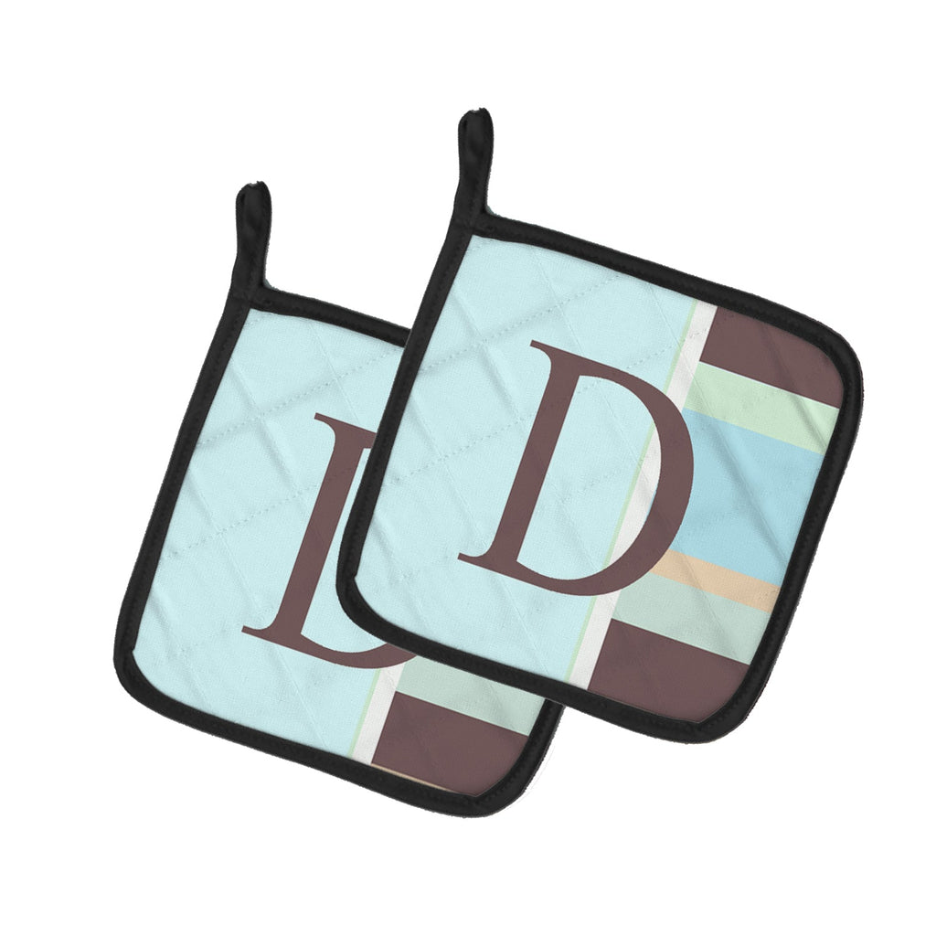 Letter D Initial Monogram - Blue Stripes Pot Holder Set of 2 Heat Resistant Quilted Hot Pads 7.5 x 7.5 Inch, Insulated Kitchen Trivets for Cooking & Baking