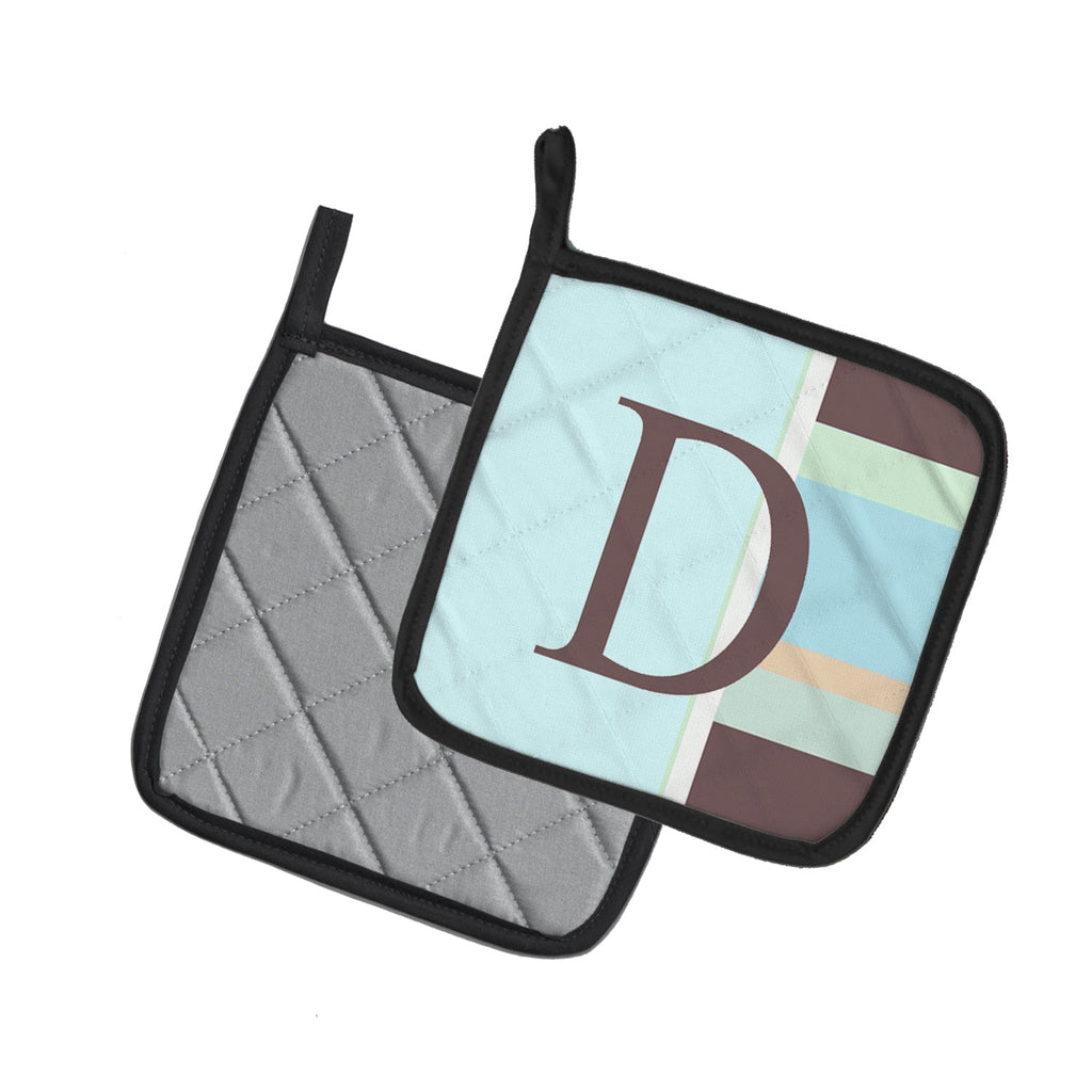 Letter D Initial Monogram - Blue Stripes Pot Holder Set of 2 Heat Resistant Quilted Hot Pads 7.5 x 7.5 Inch, Insulated Kitchen Trivets for Cooking & Baking
