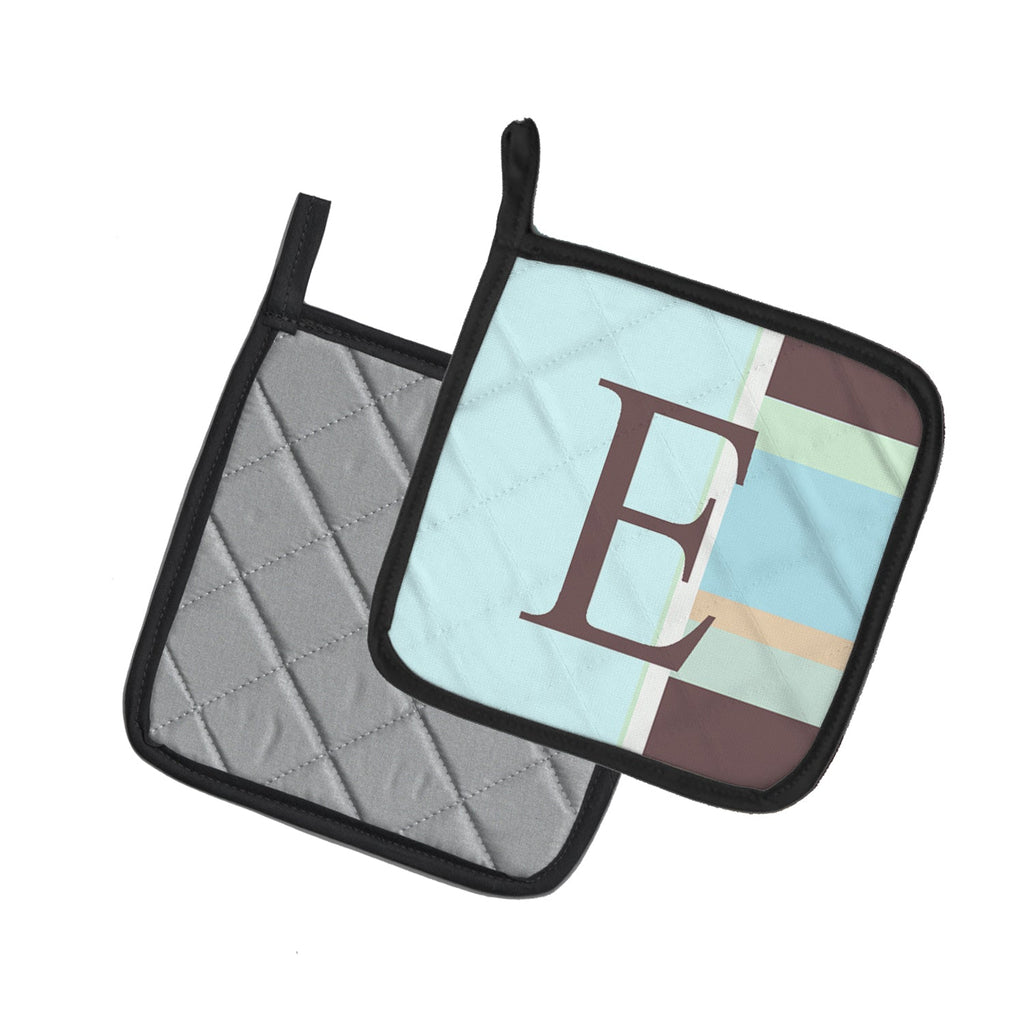 Letter E Initial Monogram - Blue Stripes Pot Holder Set of 2 Heat Resistant Quilted Hot Pads 7.5 x 7.5 Inch, Insulated Kitchen Trivets for Cooking & Baking