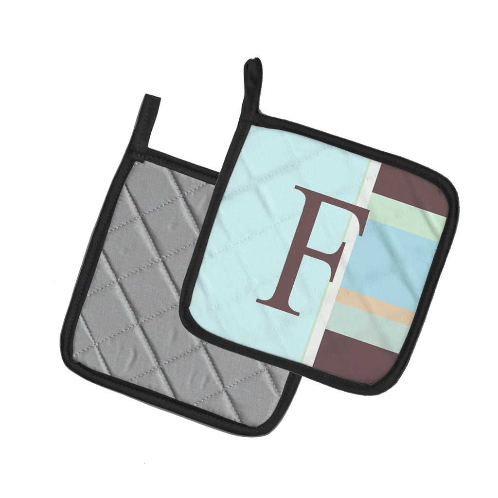 Letter F Initial Monogram - Blue Stripes Pot Holder Set of 2 Heat Resistant Quilted Hot Pads 7.5 x 7.5 Inch, Insulated Kitchen Trivets for Cooking & Baking