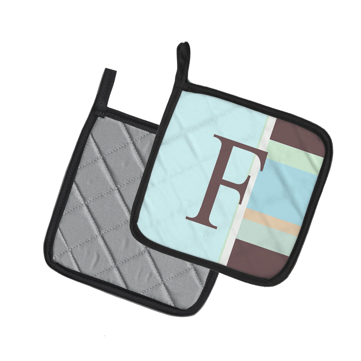 Letter F Initial Monogram - Blue Stripes Pot Holder Set of 2 Heat Resistant Quilted Hot Pads 7.5 x 7.5 Inch, Insulated Kitchen Trivets for Cooking & Baking