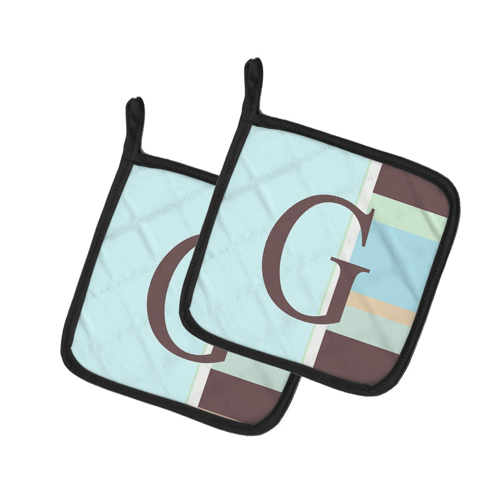Letter G Initial Monogram - Blue Stripes Pot Holder Set of 2 Heat Resistant Quilted Hot Pads 7.5 x 7.5 Inch, Insulated Kitchen Trivets for Cooking & Baking