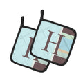 Letter H Initial Monogram - Blue Stripes Pot Holder Set of 2 Heat Resistant Quilted Hot Pads 7.5 x 7.5 Inch, Insulated Kitchen Trivets for Cooking & Baking