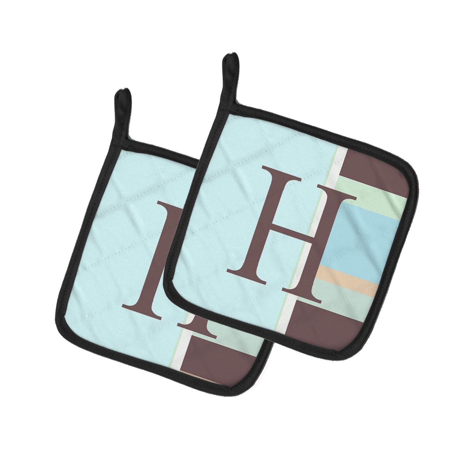 Letter H Initial Monogram - Blue Stripes Pot Holder Set of 2 Heat Resistant Quilted Hot Pads 7.5 x 7.5 Inch, Insulated Kitchen Trivets for Cooking & Baking
