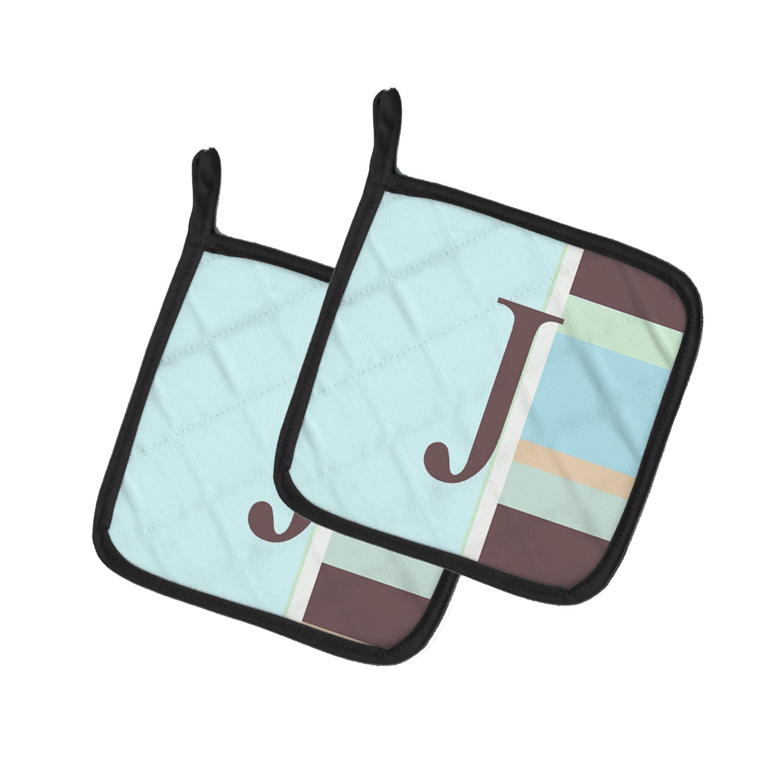 Letter J Initial Monogram - Blue Stripes Pot Holder Set of 2 Heat Resistant Quilted Hot Pads 7.5 x 7.5 Inch, Insulated Kitchen Trivets for Cooking & Baking