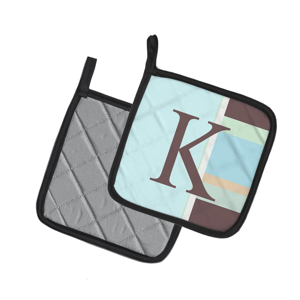 Letter K Initial Monogram - Blue Stripes Pot Holder Set of 2 Heat Resistant Quilted Hot Pads 7.5 x 7.5 Inch, Insulated Kitchen Trivets for Cooking & Baking
