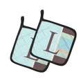 Letter L Initial Monogram - Blue Stripes Pot Holder Set of 2 Heat Resistant Quilted Hot Pads 7.5 x 7.5 Inch, Insulated Kitchen Trivets for Cooking & Baking