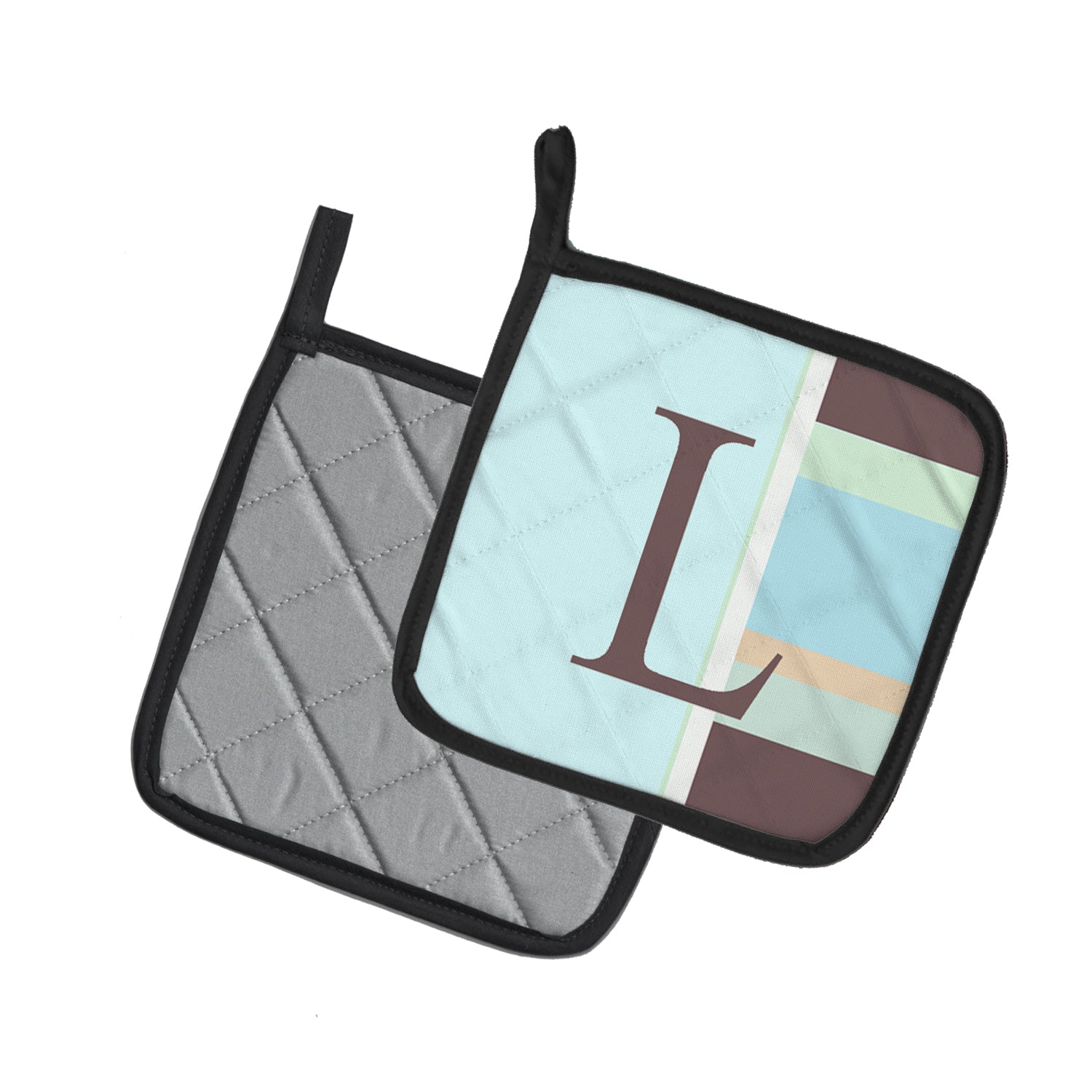Letter L Initial Monogram - Blue Stripes Pot Holder Set of 2 Heat Resistant Quilted Hot Pads 7.5 x 7.5 Inch, Insulated Kitchen Trivets for Cooking & Baking