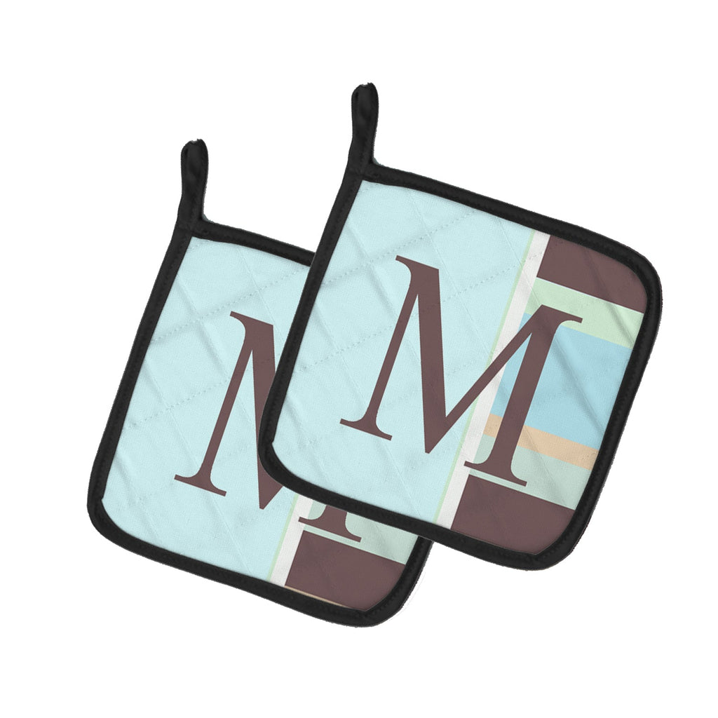 Letter M Initial Monogram - Blue Stripes Pot Holder Set of 2 Heat Resistant Quilted Hot Pads 7.5 x 7.5 Inch, Insulated Kitchen Trivets for Cooking & Baking