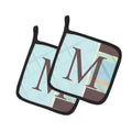 Letter M Initial Monogram - Blue Stripes Pot Holder Set of 2 Heat Resistant Quilted Hot Pads 7.5 x 7.5 Inch, Insulated Kitchen Trivets for Cooking & Baking