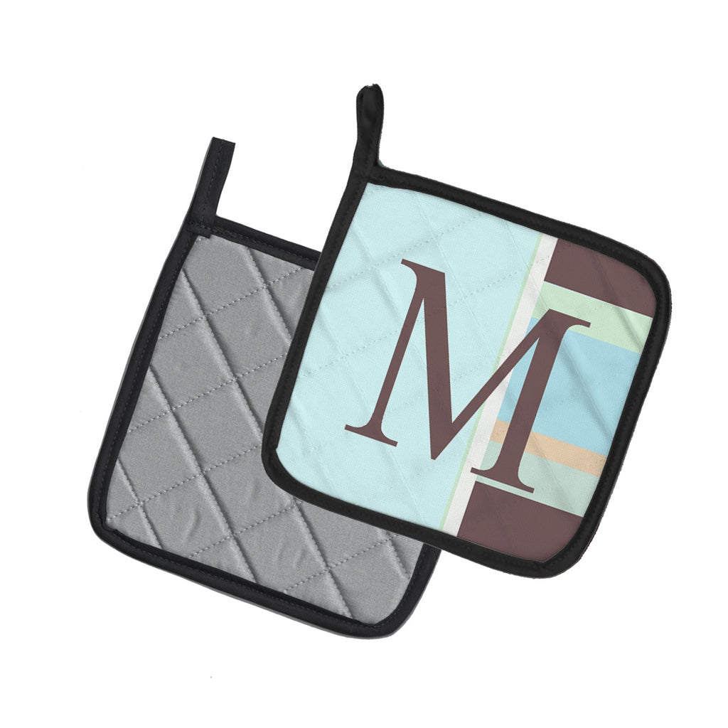 Letter M Initial Monogram - Blue Stripes Pot Holder Set of 2 Heat Resistant Quilted Hot Pads 7.5 x 7.5 Inch, Insulated Kitchen Trivets for Cooking & Baking