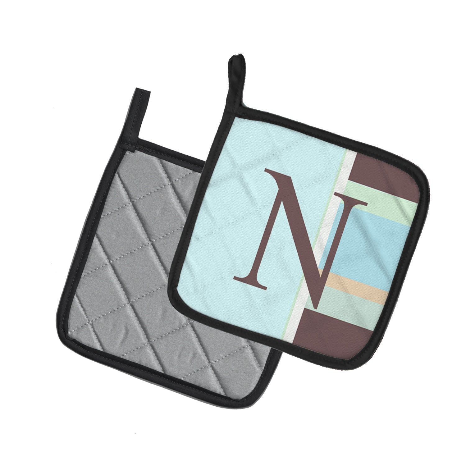 Letter N Initial Monogram - Blue Stripes Pot Holder Set of 2 Heat Resistant Quilted Hot Pads 7.5 x 7.5 Inch, Insulated Kitchen Trivets for Cooking & Baking