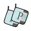 Letter P Initial Monogram - Blue Stripes Pot Holder Set of 2 Heat Resistant Quilted Hot Pads 7.5 x 7.5 Inch, Insulated Kitchen Trivets for Cooking & Baking