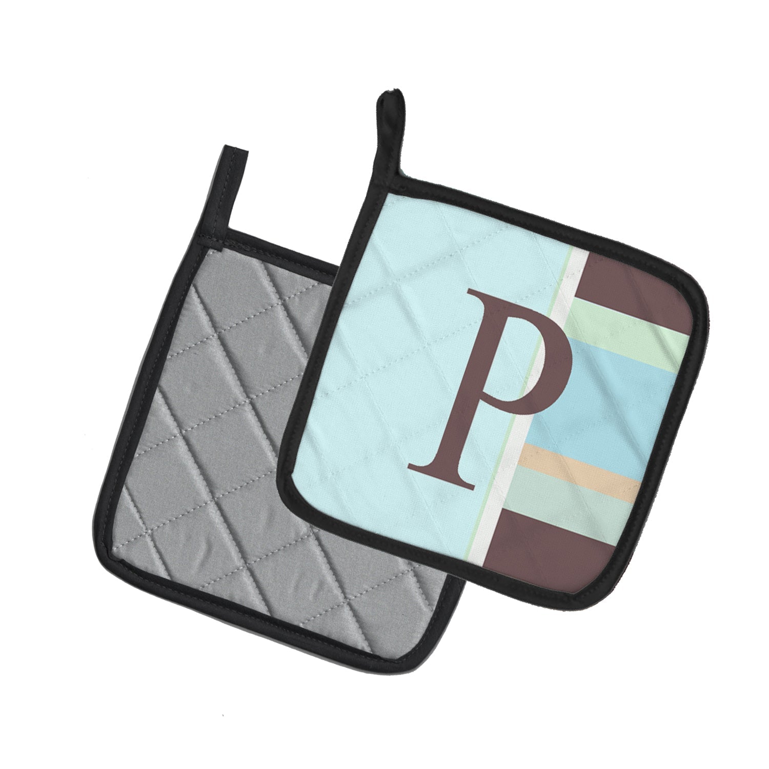 Letter P Initial Monogram - Blue Stripes Pot Holder Set of 2 Heat Resistant Quilted Hot Pads 7.5 x 7.5 Inch, Insulated Kitchen Trivets for Cooking & Baking