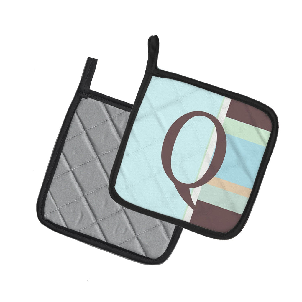 Letter Q Initial Monogram - Blue Stripes Pot Holder Set of 2 Heat Resistant Quilted Hot Pads 7.5 x 7.5 Inch, Insulated Kitchen Trivets for Cooking & Baking