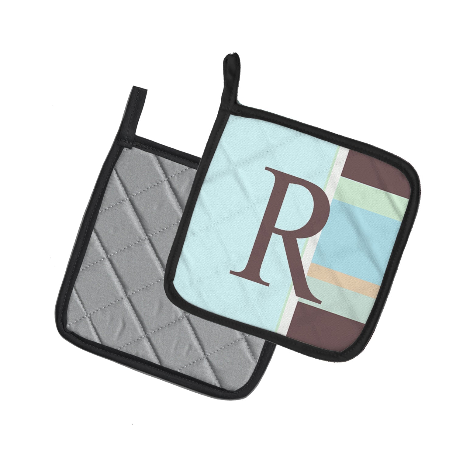 Letter R Initial Monogram - Blue Stripes Pot Holder Set of 2 Heat Resistant Quilted Hot Pads 7.5 x 7.5 Inch, Insulated Kitchen Trivets for Cooking & Baking