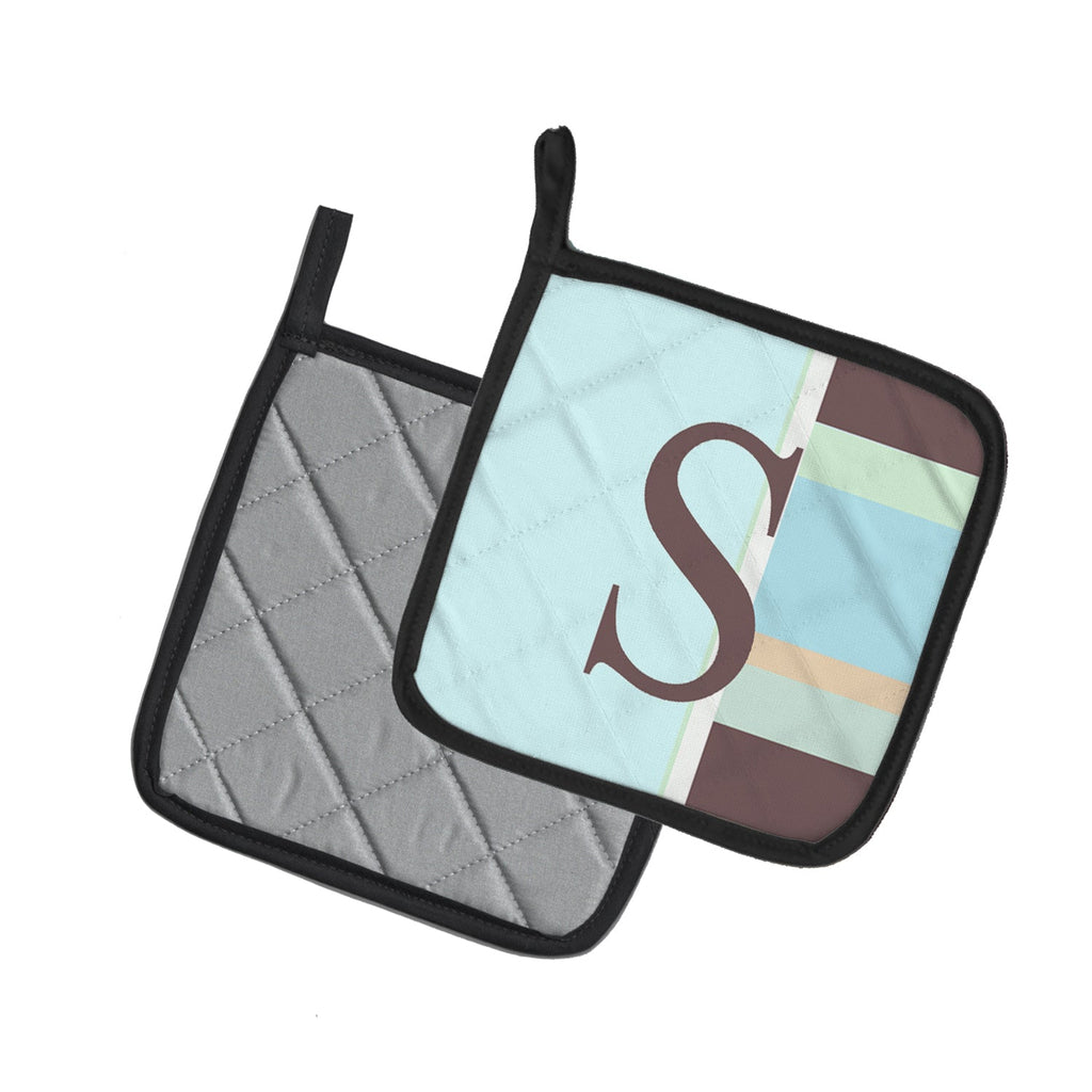 Letter S Initial Monogram - Blue Stripes Pot Holder Set of 2 Heat Resistant Quilted Hot Pads 7.5 x 7.5 Inch, Insulated Kitchen Trivets for Cooking & Baking