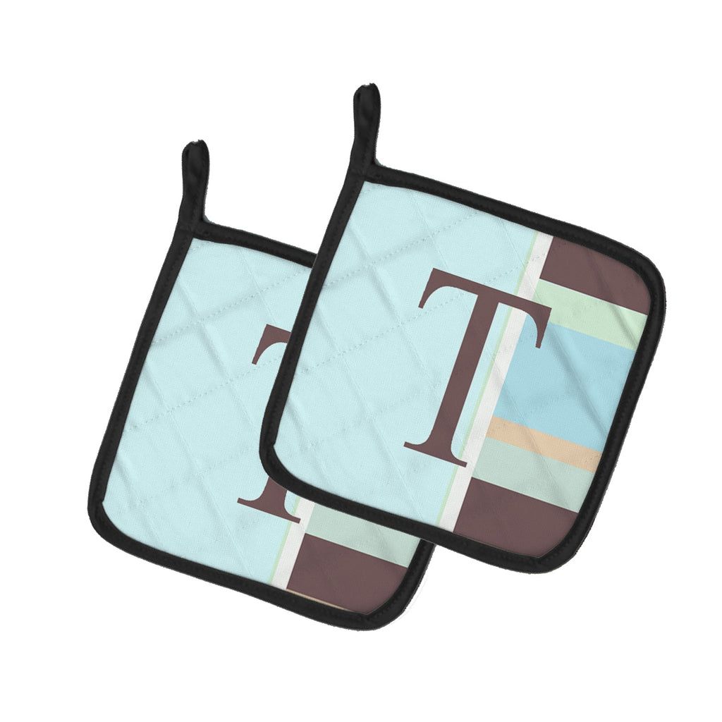 Letter T Initial Monogram - Blue Stripes Pot Holder Set of 2 Heat Resistant Quilted Hot Pads 7.5 x 7.5 Inch, Insulated Kitchen Trivets for Cooking & Baking