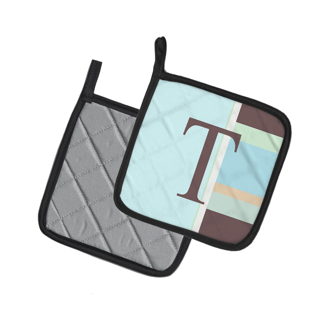 Letter T Initial Monogram - Blue Stripes Pot Holder Set of 2 Heat Resistant Quilted Hot Pads 7.5 x 7.5 Inch, Insulated Kitchen Trivets for Cooking & Baking