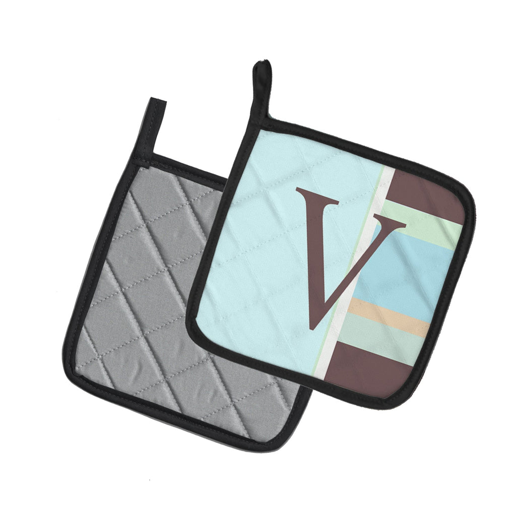 Letter V Initial Monogram - Blue Stripes Pot Holder Set of 2 Heat Resistant Quilted Hot Pads 7.5 x 7.5 Inch, Insulated Kitchen Trivets for Cooking & Baking