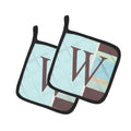 Letter W Initial Monogram - Blue Stripes Pot Holder Set of 2 Heat Resistant Quilted Hot Pads 7.5 x 7.5 Inch, Insulated Kitchen Trivets for Cooking & Baking