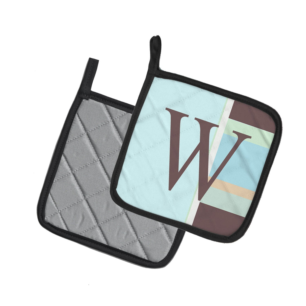 Letter W Initial Monogram - Blue Stripes Pot Holder Set of 2 Heat Resistant Quilted Hot Pads 7.5 x 7.5 Inch, Insulated Kitchen Trivets for Cooking & Baking