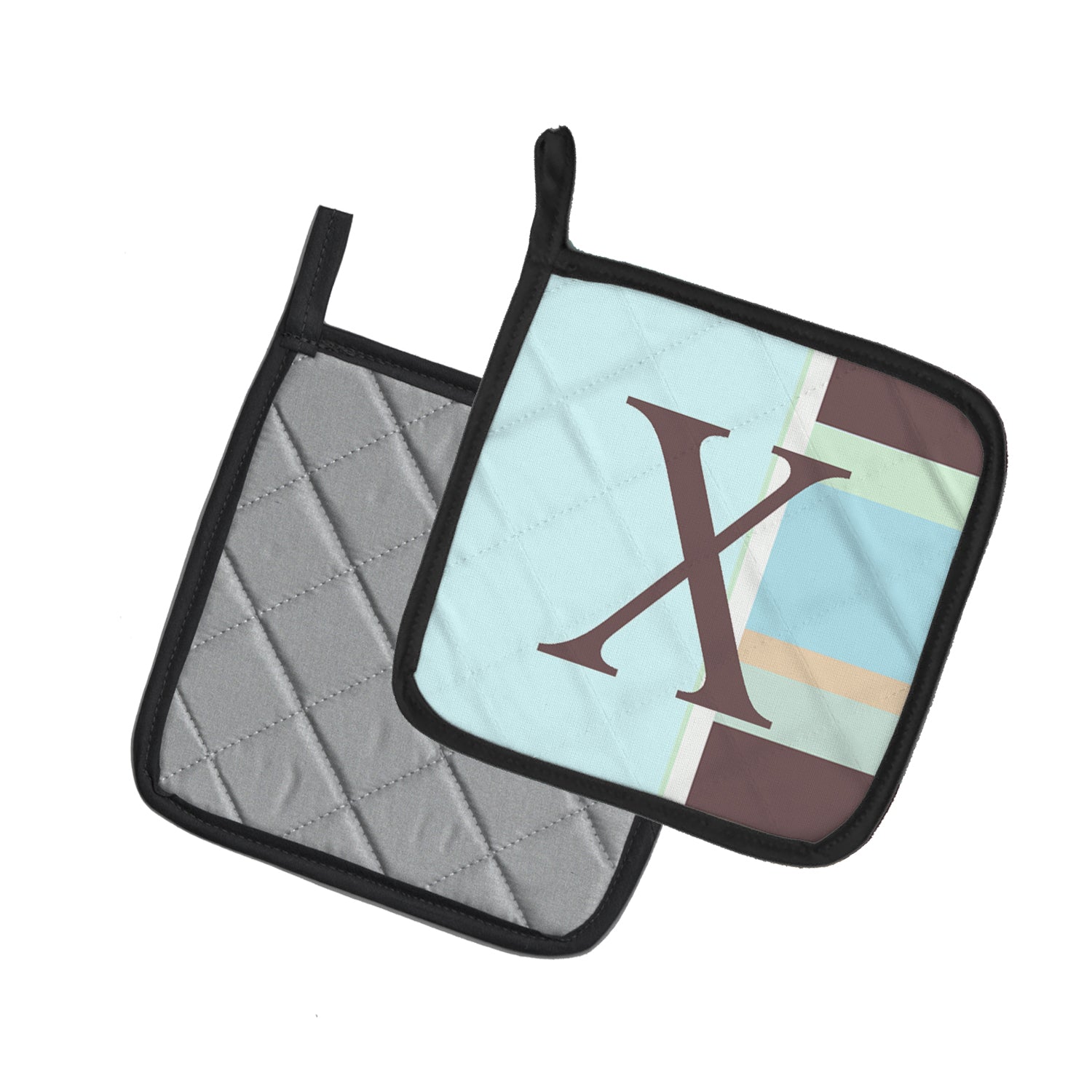 Letter X Initial Monogram - Blue Stripes Pot Holder Set of 2 Heat Resistant Quilted Hot Pads 7.5 x 7.5 Inch, Insulated Kitchen Trivets for Cooking & Baking