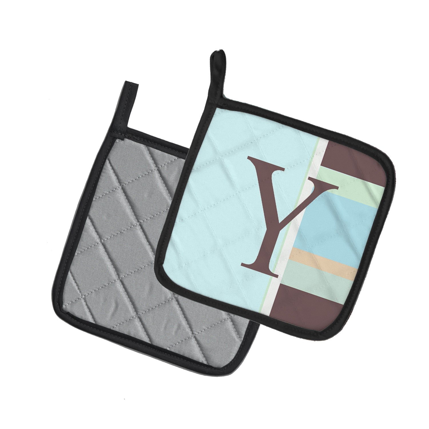 Letter Y Initial Monogram - Blue Stripes Pot Holder Set of 2 Heat Resistant Quilted Hot Pads 7.5 x 7.5 Inch, Insulated Kitchen Trivets for Cooking & Baking