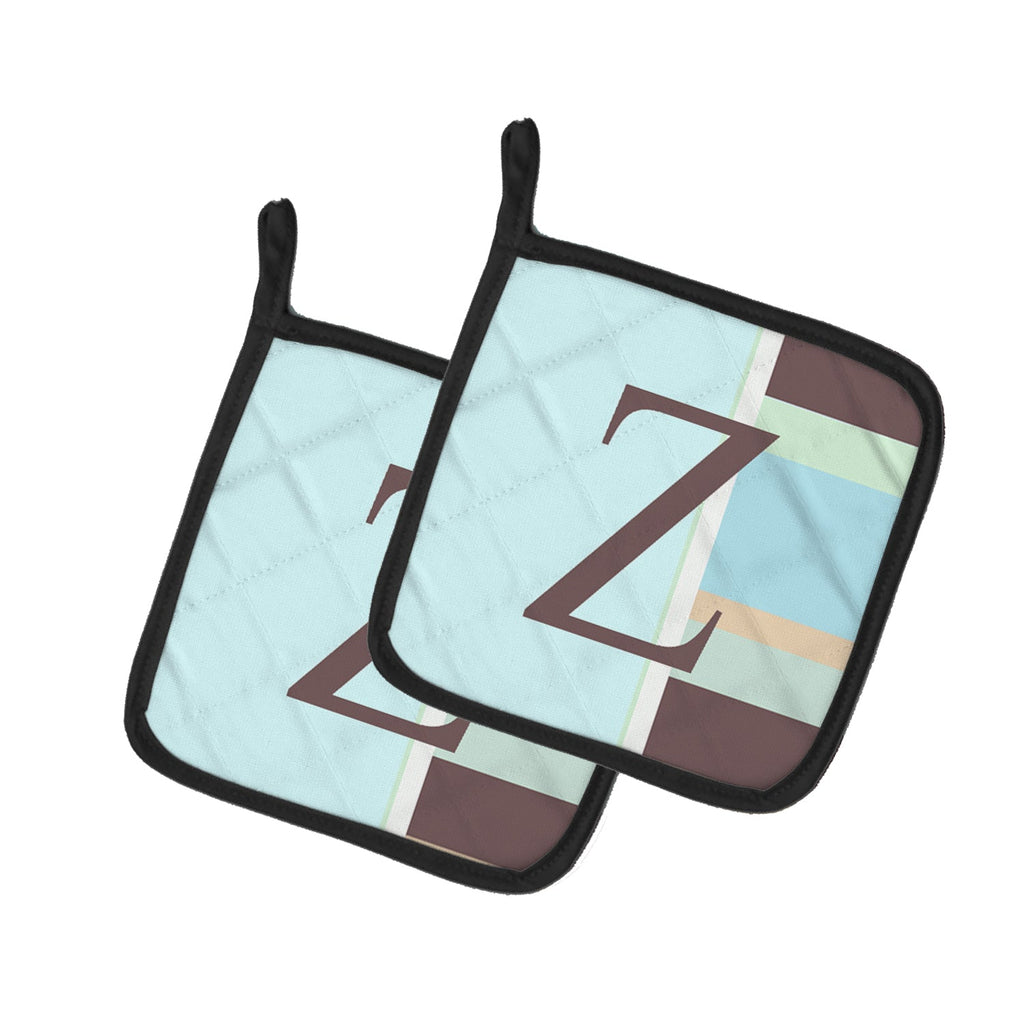 Letter Z Initial Monogram - Blue Stripes Pot Holder Set of 2 Heat Resistant Quilted Hot Pads 7.5 x 7.5 Inch, Insulated Kitchen Trivets for Cooking & Baking