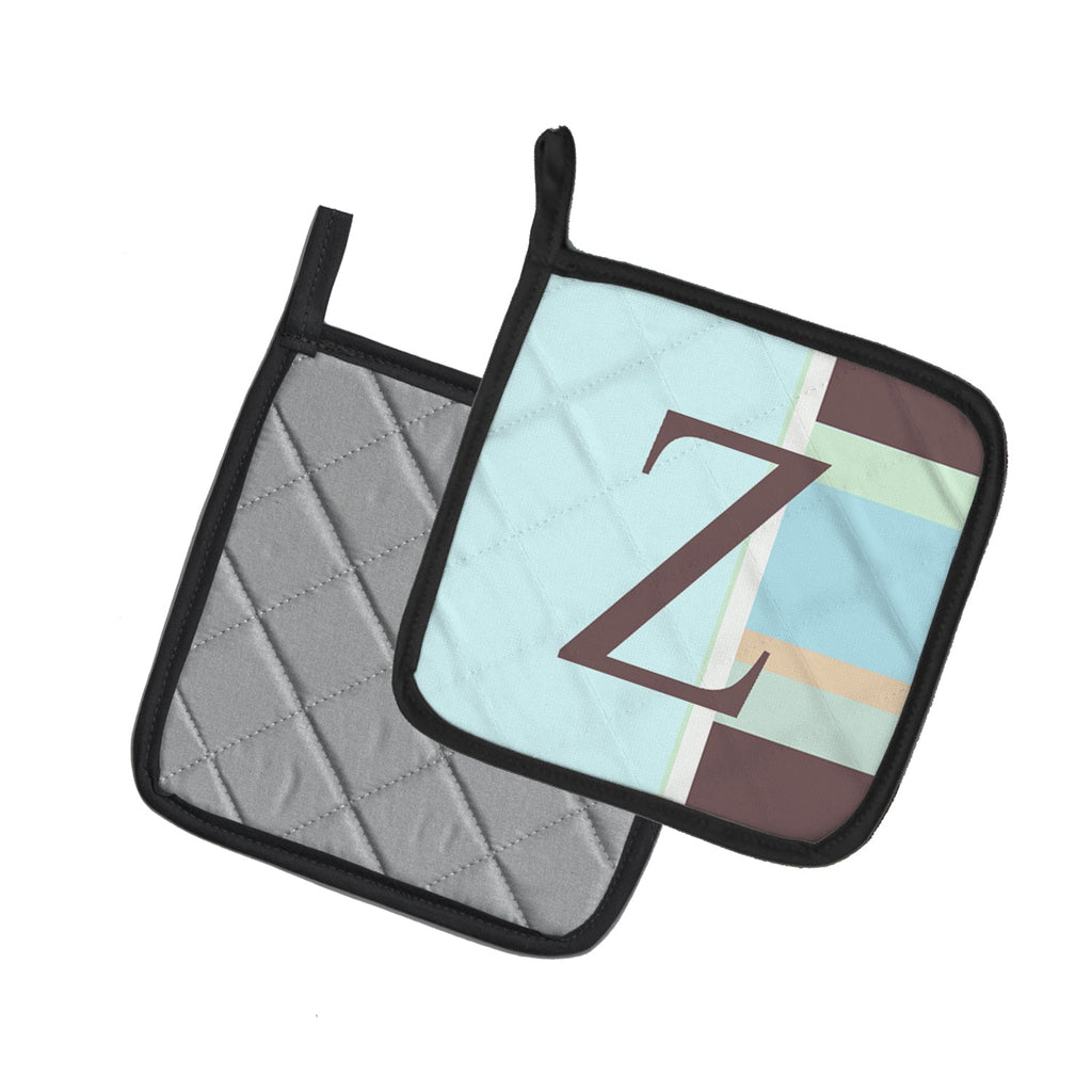 Letter Z Initial Monogram - Blue Stripes Pot Holder Set of 2 Heat Resistant Quilted Hot Pads 7.5 x 7.5 Inch, Insulated Kitchen Trivets for Cooking & Baking